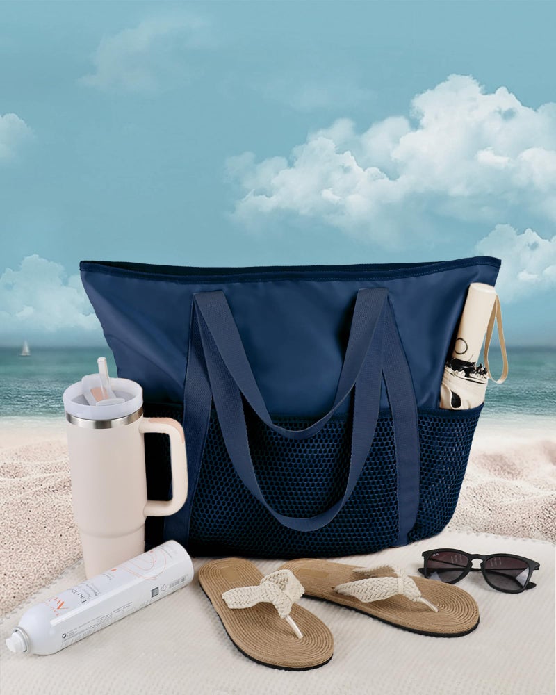 HOMESPON Beach Bag Large Waterproof Sandproof Foldable Tote for Women with Zipper and Mesh Pockets for Pool Cruise Travel Everyday (Navy) - Image 3