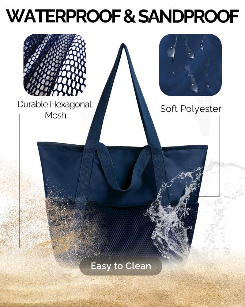 HOMESPON Beach Bag Large Waterproof Sandproof Foldable Tote for Women with Zipper and Mesh Pockets for Pool Cruise Travel Everyday (Navy) - Image 4