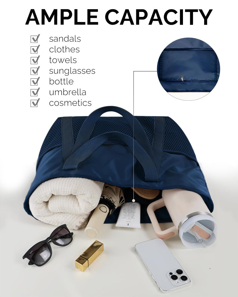 HOMESPON Beach Bag Large Waterproof Sandproof Foldable Tote for Women with Zipper and Mesh Pockets for Pool Cruise Travel Everyday (Navy) - Image 5