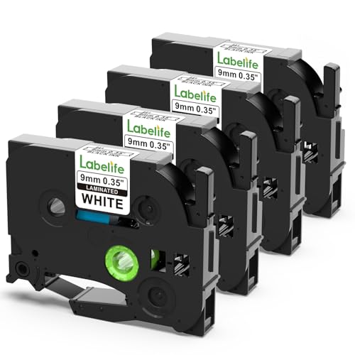 Labelife 9mm Label Tape TZe-221 Replace for Brother P Touch TZe TZ Tape 9mm 0.35 Laminated White Label Tape TZe221 Work for Brother Ptouch Label Maker PT-D210 PT-H110 PT-D220 PT-D400, 3/8 Inch, 4-Pack - Image 1