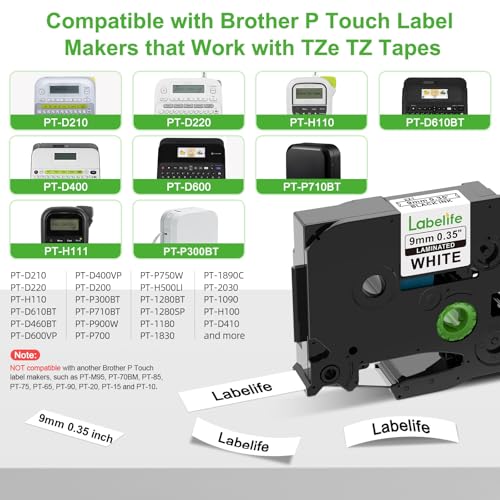 Labelife 9mm Label Tape TZe-221 Replace for Brother P Touch TZe TZ Tape 9mm 0.35 Laminated White Label Tape TZe221 Work for Brother Ptouch Label Maker PT-D210 PT-H110 PT-D220 PT-D400, 3/8 Inch, 4-Pack - Image 2