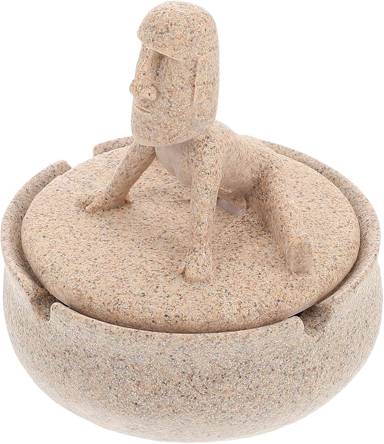 Sandstone Color Resin Ashtray with Lid Portable Windproof for Indoor Outdoor Use - Image 1