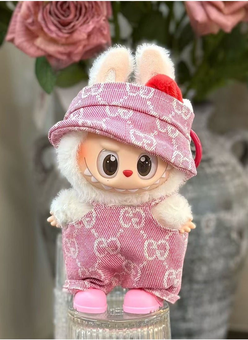 LABUBU Labubu Blush Pink Denim Set: Romper & Bonnet for 17cm Doll - Sweet Casual Style (Doll/Shoes Not Incl.)  - Image 1
