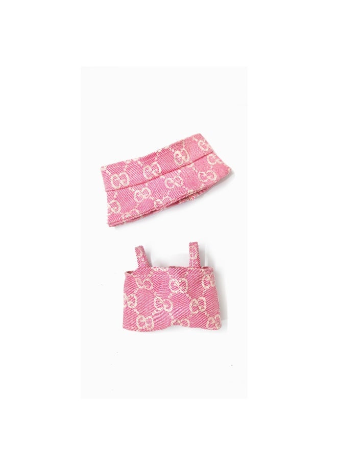 Labubu Blush Pink Denim Set: Romper & Bonnet for 17cm Doll - Sweet Casual Style (Doll/Shoes Not Incl.)  - Image 2