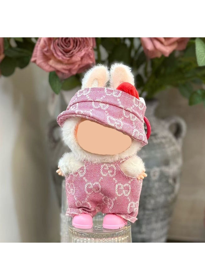 Labubu Blush Pink Denim Set: Romper & Bonnet for 17cm Doll - Sweet Casual Style (Doll/Shoes Not Incl.)  - Image 1