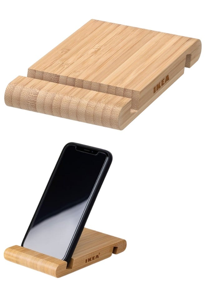 أيكيا حامل هاتف وجهاز لوحي من خشب البامبو الطبيعي، تصميم بفتحتين، مناسب للأجهزة حتى 11 بوصة، منظم مكتب وعرض بدون استخدام اليدين- بيج - Image 1