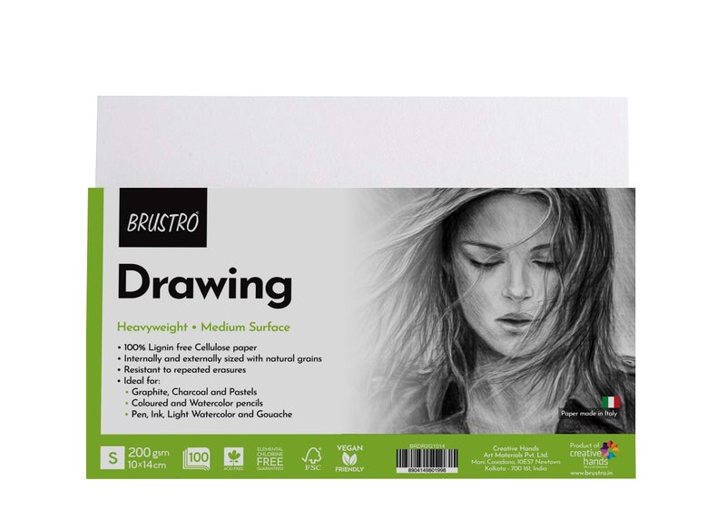 BRUSTRO ورق رسم الفنانين | 200 جرام لكل متر مربع | الحجم (صغير) 10 سم × 14 سم - 100 ورقة | مثالي للتلوين، الرسم، الفن الاحترافي، الحرف، الوسائط الجافة، الجرافيت، الفحم، الباستيل، أقلام الألوان - Image 1