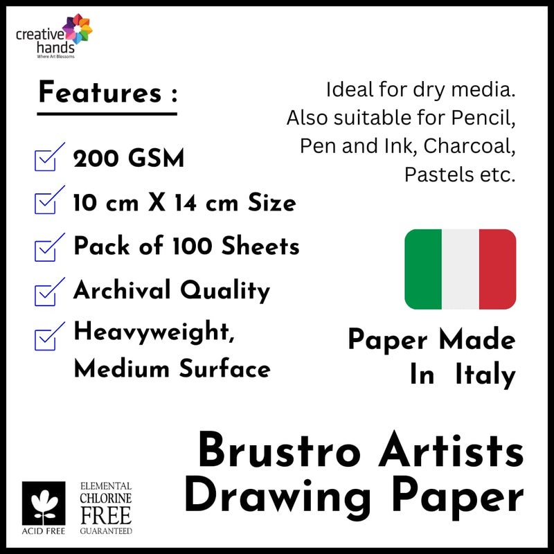 BRUSTRO ورق رسم الفنانين | 200 جرام لكل متر مربع | الحجم (صغير) 10 سم × 14 سم - 100 ورقة | مثالي للتلوين، الرسم، الفن الاحترافي، الحرف، الوسائط الجافة، الجرافيت، الفحم، الباستيل، أقلام الألوان - Image 2