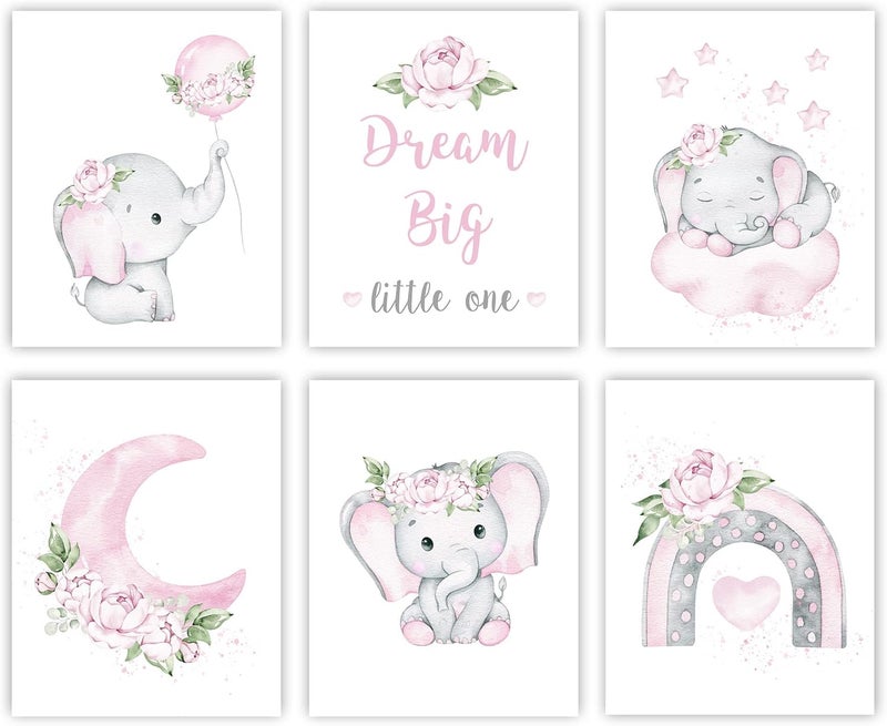 Canssape Pink Elephant Nursery Wall Decor Set of 6 Baby Girl Room Decor Elephant Wall Art Goodnight On Moon |Dream Big Little One Decoration for Kids Nursery Girls Room|(8"x10")(Unframed) - Image 1