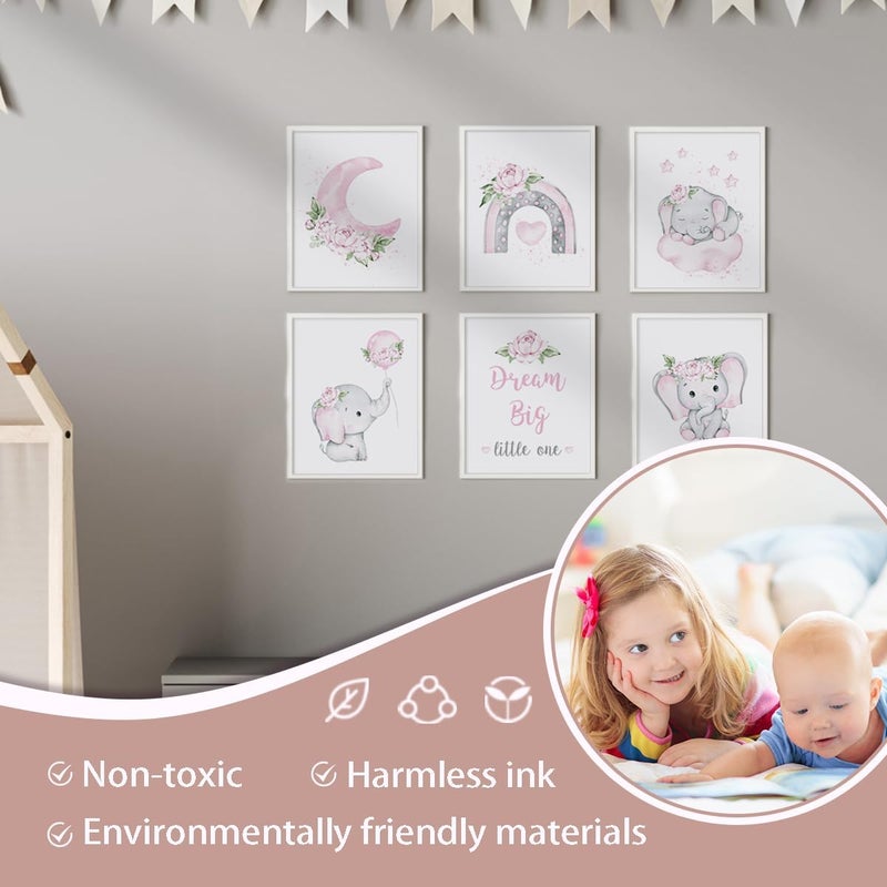 Canssape Pink Elephant Nursery Wall Decor Set of 6 Baby Girl Room Decor Elephant Wall Art Goodnight On Moon |Dream Big Little One Decoration for Kids Nursery Girls Room|(8"x10")(Unframed) - Image 5