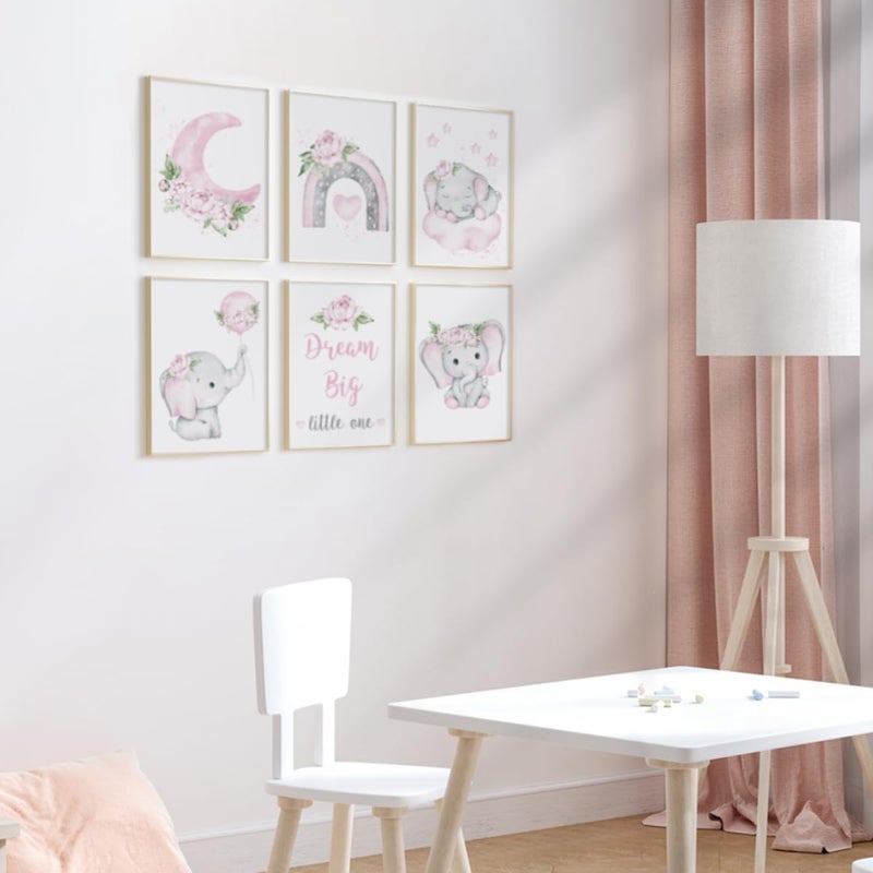 Canssape Pink Elephant Nursery Wall Decor Set of 6 Baby Girl Room Decor Elephant Wall Art Goodnight On Moon |Dream Big Little One Decoration for Kids Nursery Girls Room|(8"x10")(Unframed) - Image 3
