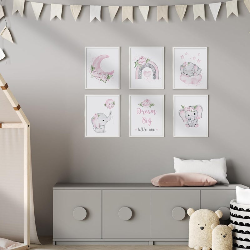 Canssape Pink Elephant Nursery Wall Decor Set of 6 Baby Girl Room Decor Elephant Wall Art Goodnight On Moon |Dream Big Little One Decoration for Kids Nursery Girls Room|(8"x10")(Unframed) - Image 2
