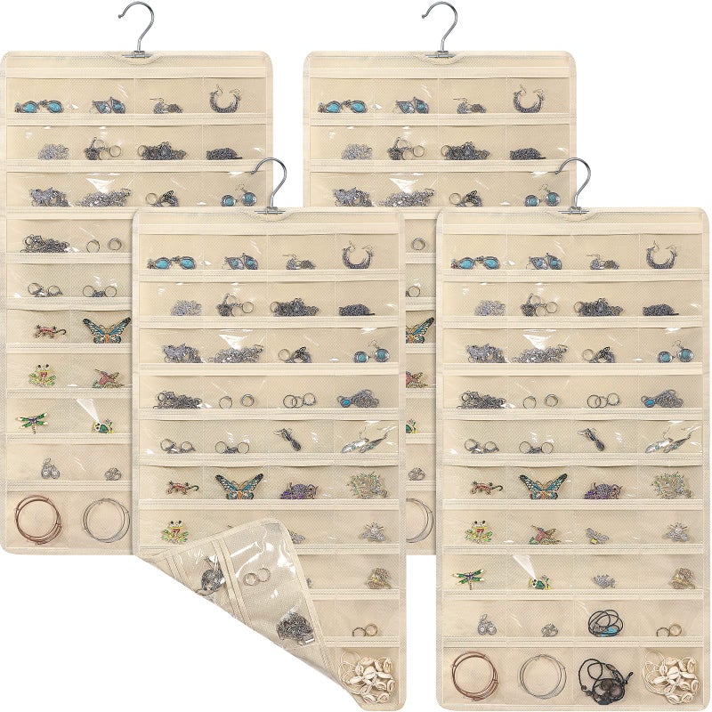 4 Pcs Hanging Jewelry Organizer with 80 Pockets Earring Storage Organizer Dual Sided Earring Holder Necklace Hanger Closet for Bracelet Necklace Ring Knitting Tool Accessories Beige