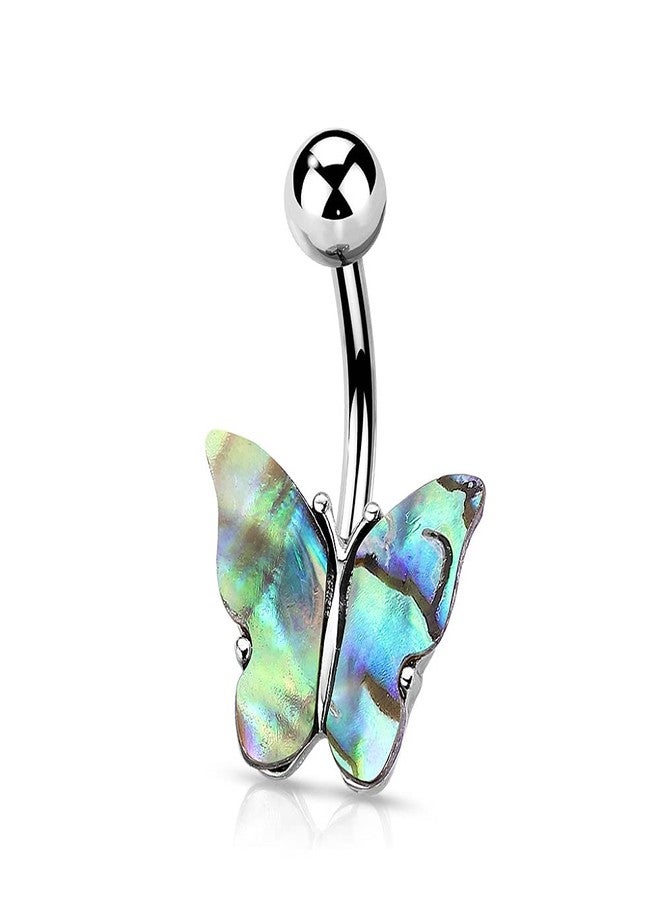 Pierced Owl 14GA Abalone Shell Covered Butterfly 316L Surgical Stainless Steel Navel Belly Button Ring (Steel) - Image 1