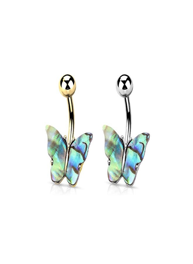 Pierced Owl 14GA Abalone Shell Covered Butterfly 316L Surgical Stainless Steel Navel Belly Button Ring (Steel) - Image 3
