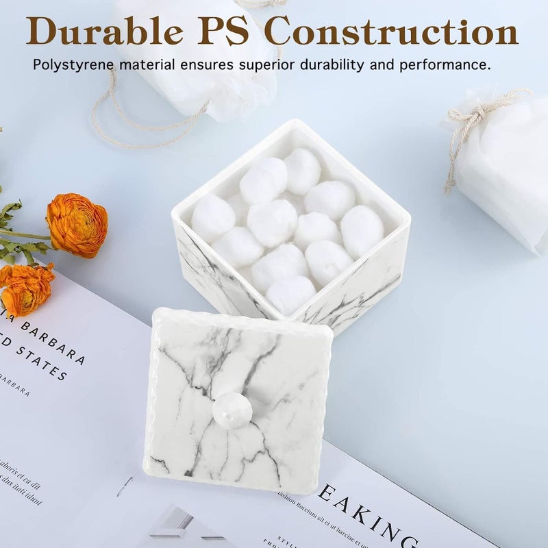 Luxspire صندوق تخزين أعواد القطن Luxspire مع غطاء، حامل أعواد Q-Tip، وعاء كرات القطن، صندوق موزع دائري لأعواد القطن، منظم مستحضرات التجميل، أبيض رخامى - Image 3