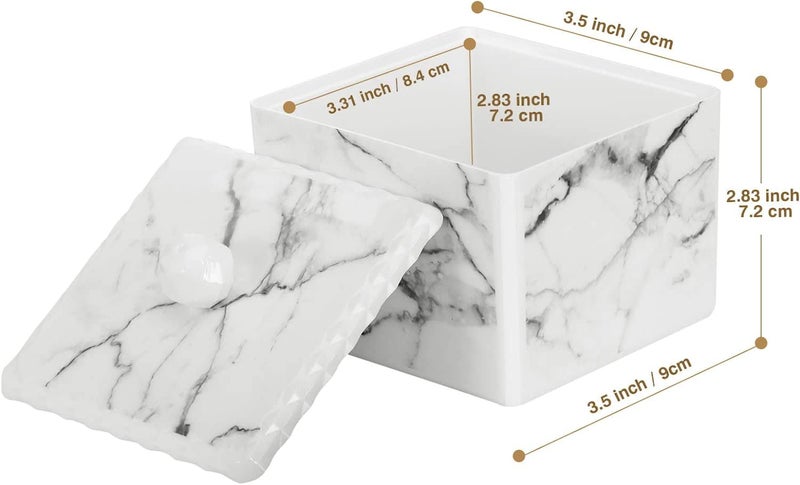 Luxspire صندوق تخزين أعواد القطن Luxspire مع غطاء، حامل أعواد Q-Tip، وعاء كرات القطن، صندوق موزع دائري لأعواد القطن، منظم مستحضرات التجميل، أبيض رخامى - Image 5