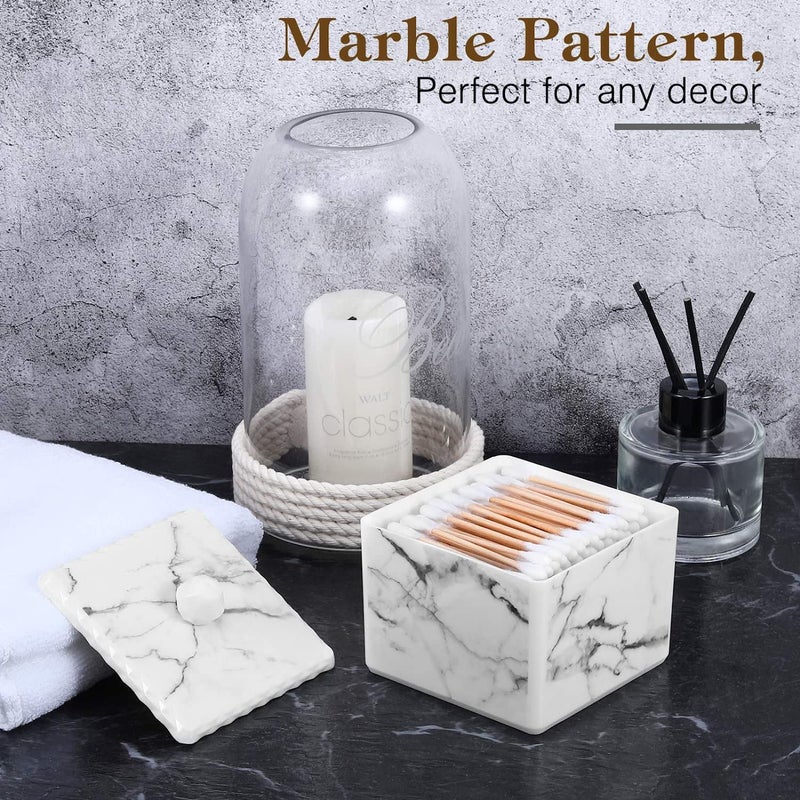 Luxspire صندوق تخزين أعواد القطن Luxspire مع غطاء، حامل أعواد Q-Tip، وعاء كرات القطن، صندوق موزع دائري لأعواد القطن، منظم مستحضرات التجميل، أبيض رخامى - Image 4