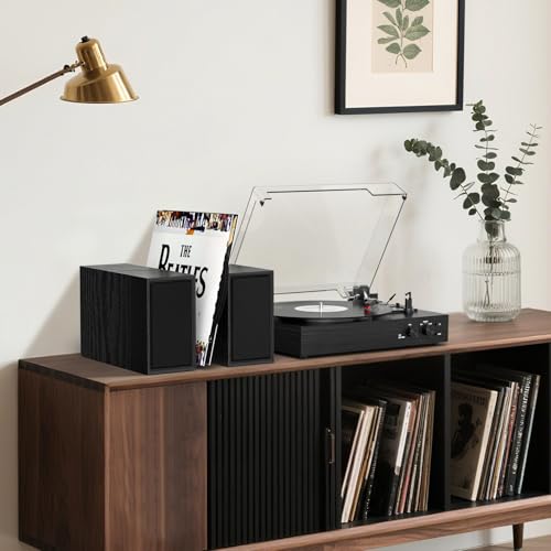 TANLANIN Vinyl Record Player with External Speakers, Vintage 3-Speed Turntable with Dual Speakers, Bluetooth Music Playback, MP3 PC Encoding, AUX Input Headphone Jack and RCA Out, Black Wood - Image 2