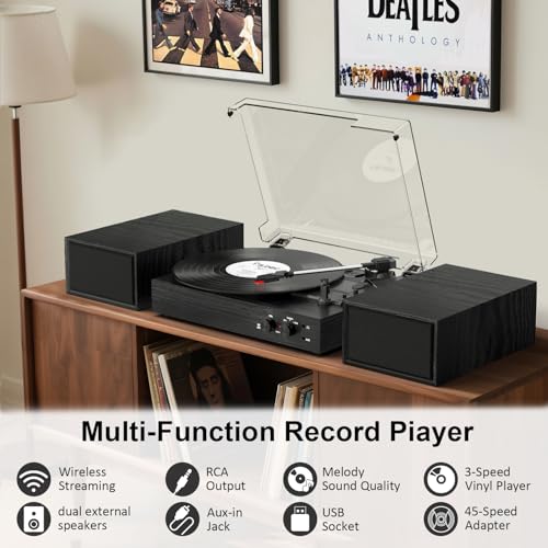 TANLANIN Vinyl Record Player with External Speakers, Vintage 3-Speed Turntable with Dual Speakers, Bluetooth Music Playback, MP3 PC Encoding, AUX Input Headphone Jack and RCA Out, Black Wood - Image 3