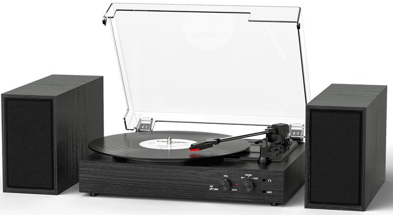 TANLANIN Vinyl Record Player with External Speakers, Vintage 3-Speed Turntable with Dual Speakers, Bluetooth Music Playback, MP3 PC Encoding, AUX Input Headphone Jack and RCA Out, Black Wood - Image 1