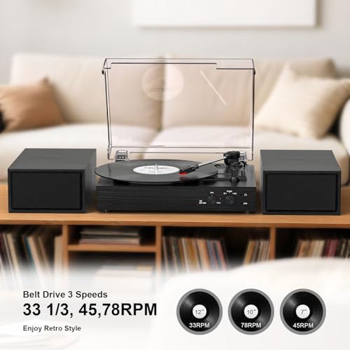 TANLANIN Vinyl Record Player with External Speakers, Vintage 3-Speed Turntable with Dual Speakers, Bluetooth Music Playback, MP3 PC Encoding, AUX Input Headphone Jack and RCA Out, Black Wood - Image 4