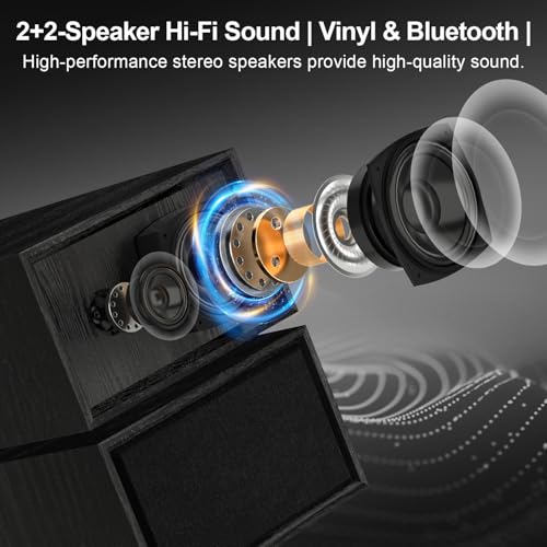TANLANIN Vinyl Record Player with External Speakers, Vintage 3-Speed Turntable with Dual Speakers, Bluetooth Music Playback, MP3 PC Encoding, AUX Input Headphone Jack and RCA Out, Black Wood - Image 5