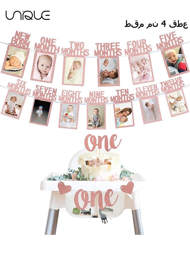 Unique Banner, 1st Birthday Baby Photo Banner, for Newborn to 12 Months and Alphabet ONE Bunting, Alphabet ONE Cake Topper, for Baby Show First Birthday Party Decoration (Rose Gold)  - Image 1