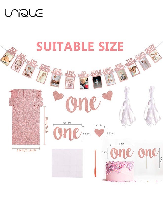 Unique Banner, 1st Birthday Baby Photo Banner, for Newborn to 12 Months and Alphabet ONE Bunting, Alphabet ONE Cake Topper, for Baby Show First Birthday Party Decoration (Rose Gold)  - Image 2