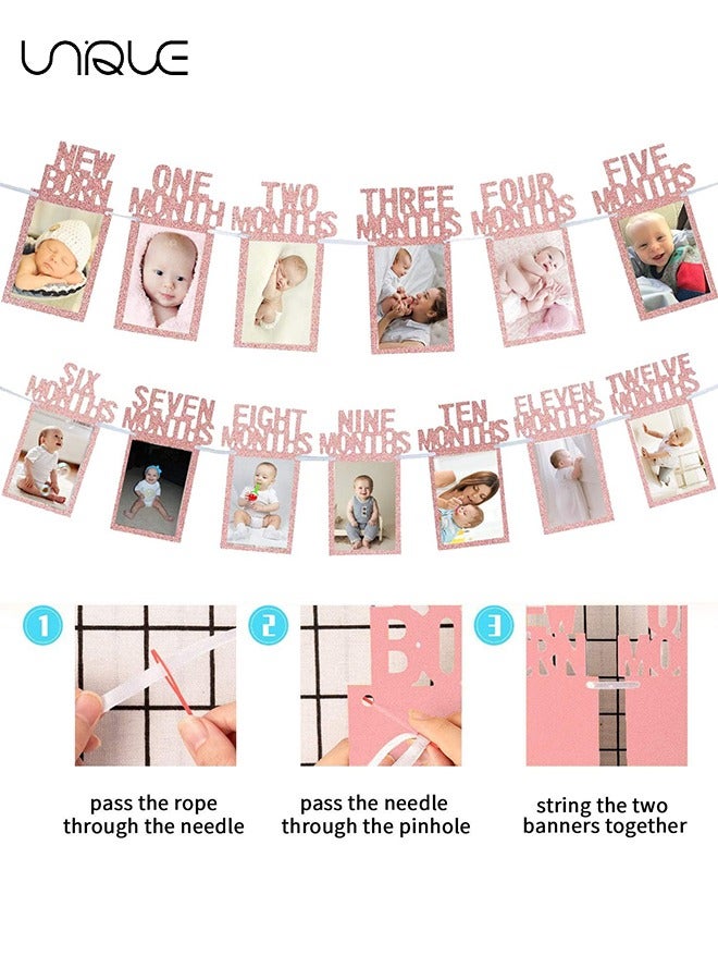Unique Banner, 1st Birthday Baby Photo Banner, for Newborn to 12 Months and Alphabet ONE Bunting, Alphabet ONE Cake Topper, for Baby Show First Birthday Party Decoration (Rose Gold)  - Image 3