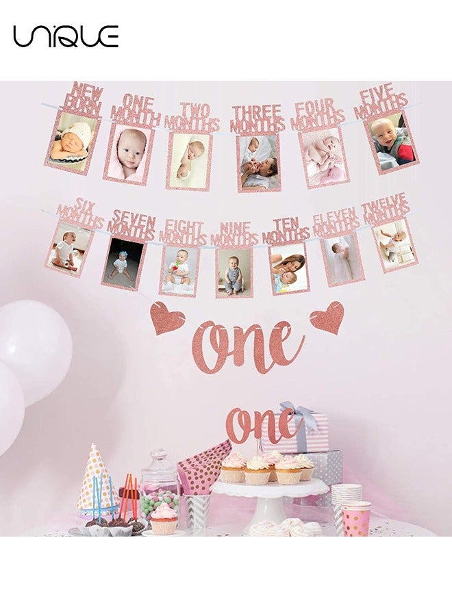 Unique Banner, 1st Birthday Baby Photo Banner, for Newborn to 12 Months and Alphabet ONE Bunting, Alphabet ONE Cake Topper, for Baby Show First Birthday Party Decoration (Rose Gold)  - Image 4