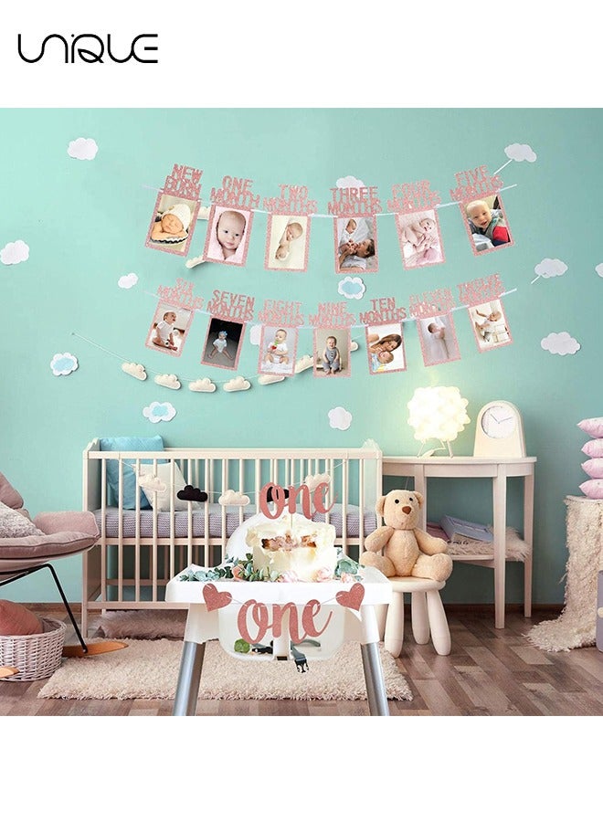 Unique Banner, 1st Birthday Baby Photo Banner, for Newborn to 12 Months and Alphabet ONE Bunting, Alphabet ONE Cake Topper, for Baby Show First Birthday Party Decoration (Rose Gold)  - Image 5