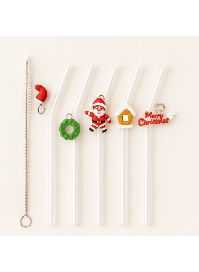 Home Care Christmas Reusable Clear Straws Set with Cute Festive Charms â 5PCS Drinking Straws with Cleaning Brush for Holiday Parties & Kids - Image 2