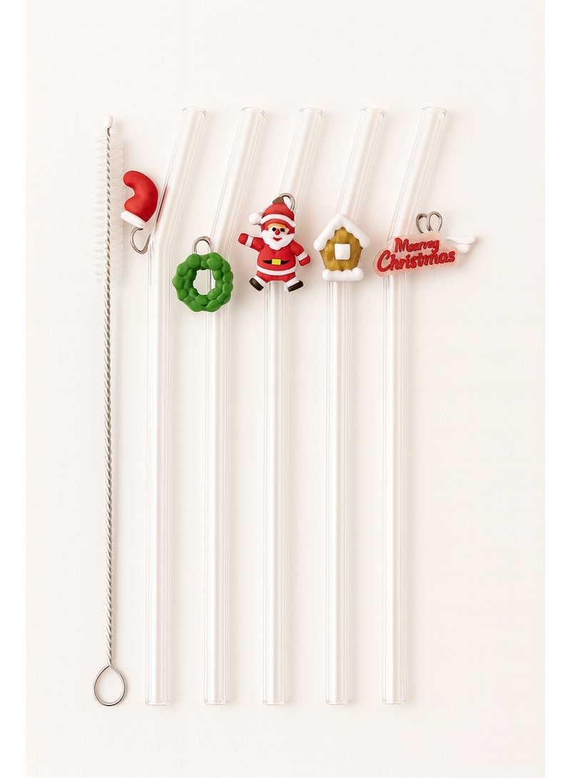 Home Care Christmas Reusable Clear Straws Set with Cute Festive Charms â 5PCS Drinking Straws with Cleaning Brush for Holiday Parties & Kids - Image 1