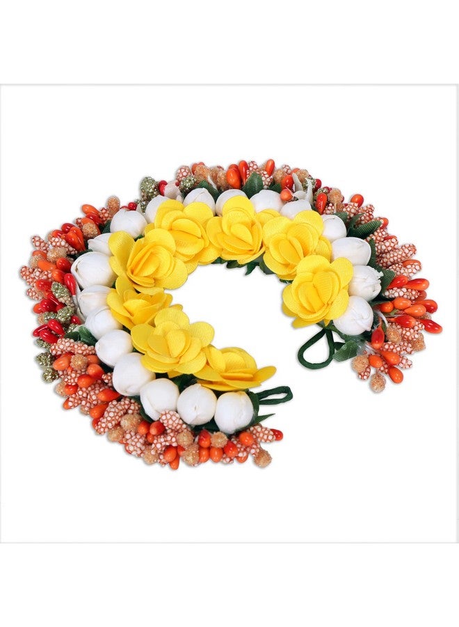 Accessher Tiny Yellow Roses & Orange-Toned Handcrafted Beaded Floral Gajra Style Hair Bun Accessory - Image 4