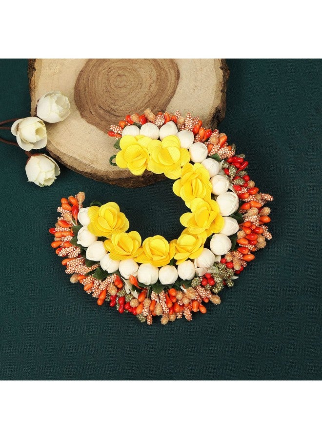 Accessher Tiny Yellow Roses & Orange-Toned Handcrafted Beaded Floral Gajra Style Hair Bun Accessory - Image 3