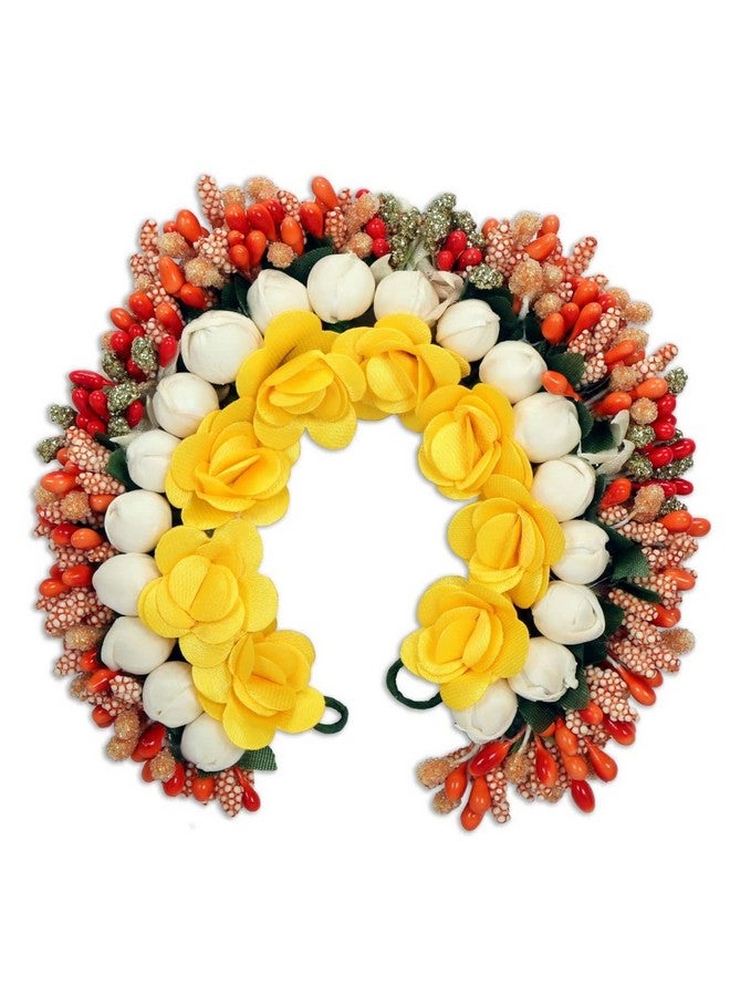 Accessher Tiny Yellow Roses & Orange-Toned Handcrafted Beaded Floral Gajra Style Hair Bun Accessory - Image 1