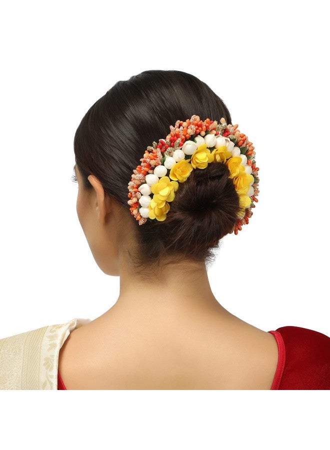 Accessher Tiny Yellow Roses & Orange-Toned Handcrafted Beaded Floral Gajra Style Hair Bun Accessory - Image 2