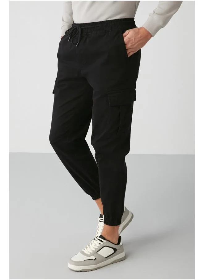 GRIMELANGE Grimelange Cargo Men's Woven Cargo Pocket Elastic Waist & Hem Black Pants