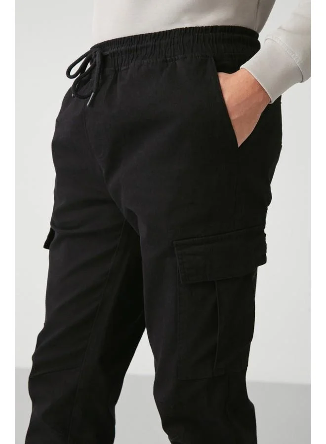 GRIMELANGE Grimelange Cargo Men's Woven Cargo Pocket Elastic Waist & Hem Black Pants