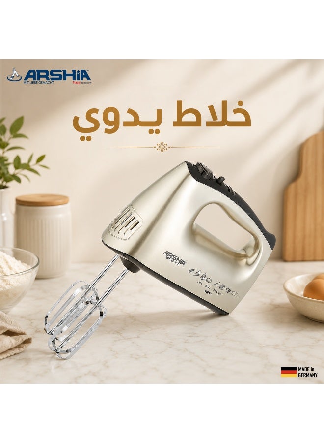 Arshia Electric Hand Mixer – Chrome – 5 Speeds with Dough Hooks - Image 2