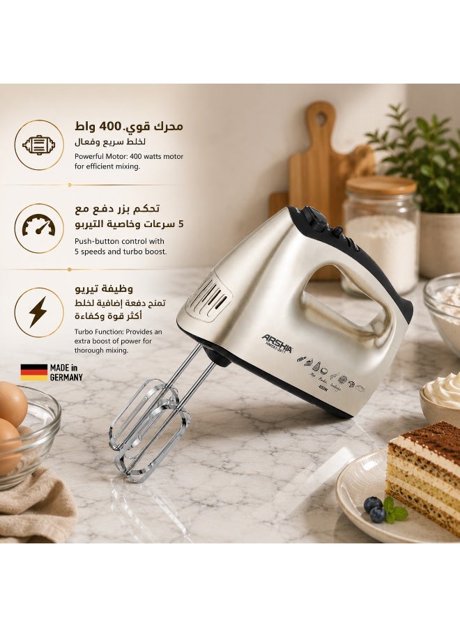 Arshia Electric Hand Mixer – Chrome – 5 Speeds with Dough Hooks - Image 3