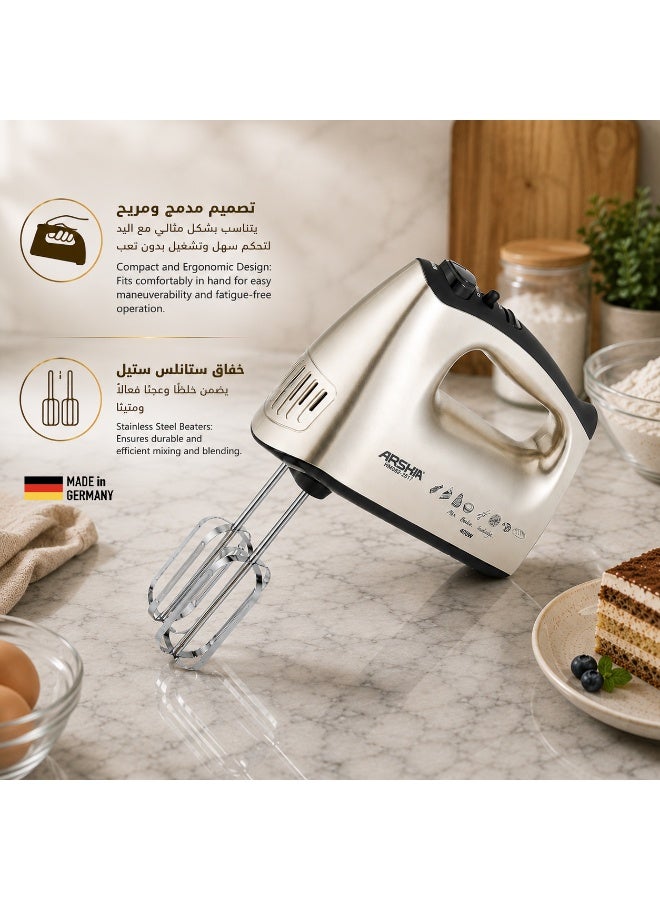 Arshia Electric Hand Mixer – Chrome – 5 Speeds with Dough Hooks - Image 4
