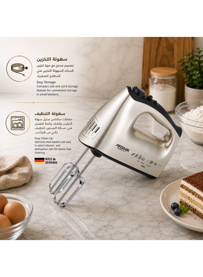 Arshia Electric Hand Mixer – Chrome – 5 Speeds with Dough Hooks - Image 5