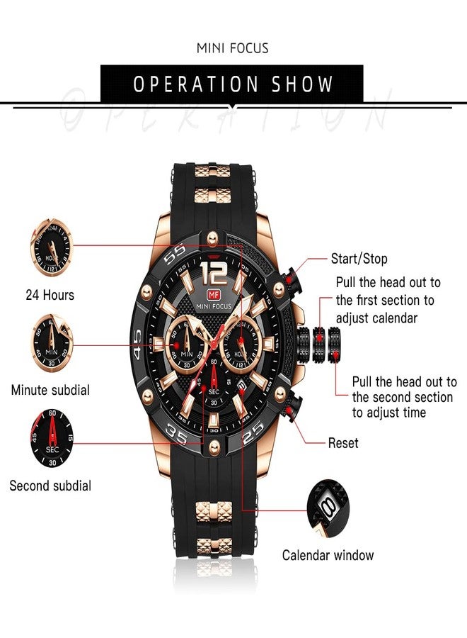 MF MINI FOCUS Men Watches Unique Casual Wrist Watches (Chronograph/Waterproof/Luminous/Calendar/24 Hours) Silicon Band Fashion Watches for Men, Black, Chronograph - Image 5