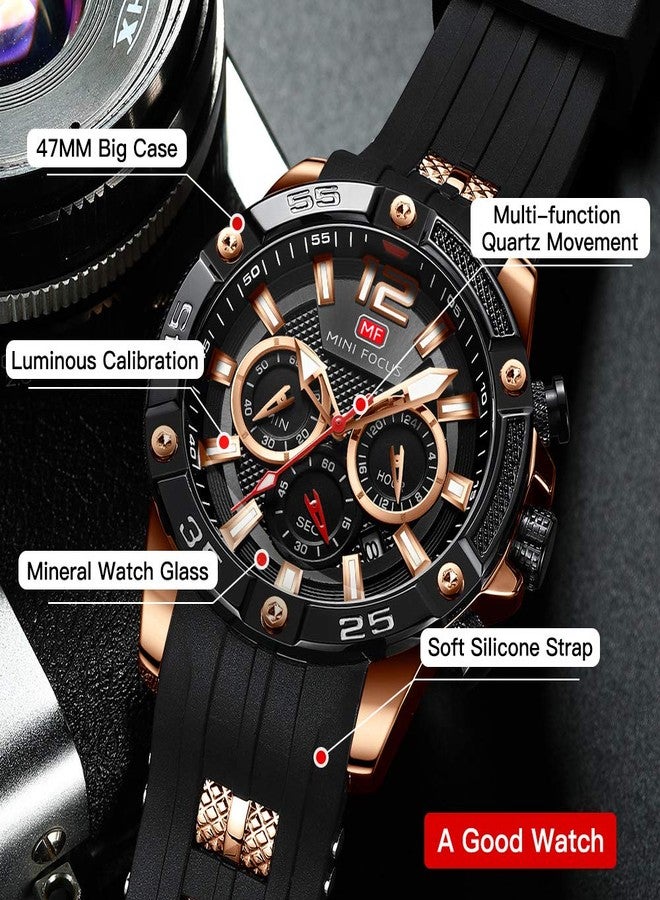 MF MINI FOCUS Men Watches Unique Casual Wrist Watches (Chronograph/Waterproof/Luminous/Calendar/24 Hours) Silicon Band Fashion Watches for Men, Black, Chronograph - Image 3