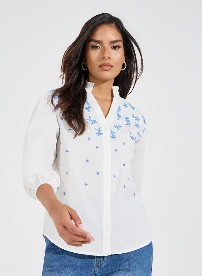 Styli Chambray Embroidered Buttoned Blouse with Balloon Sleeve - Image 1