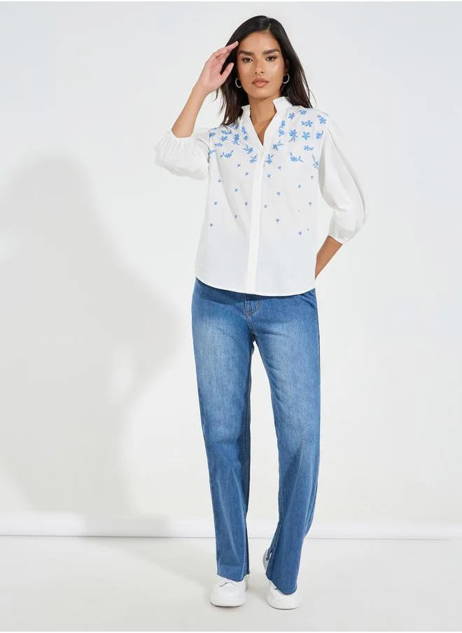 Styli Chambray Embroidered Buttoned Blouse with Balloon Sleeve