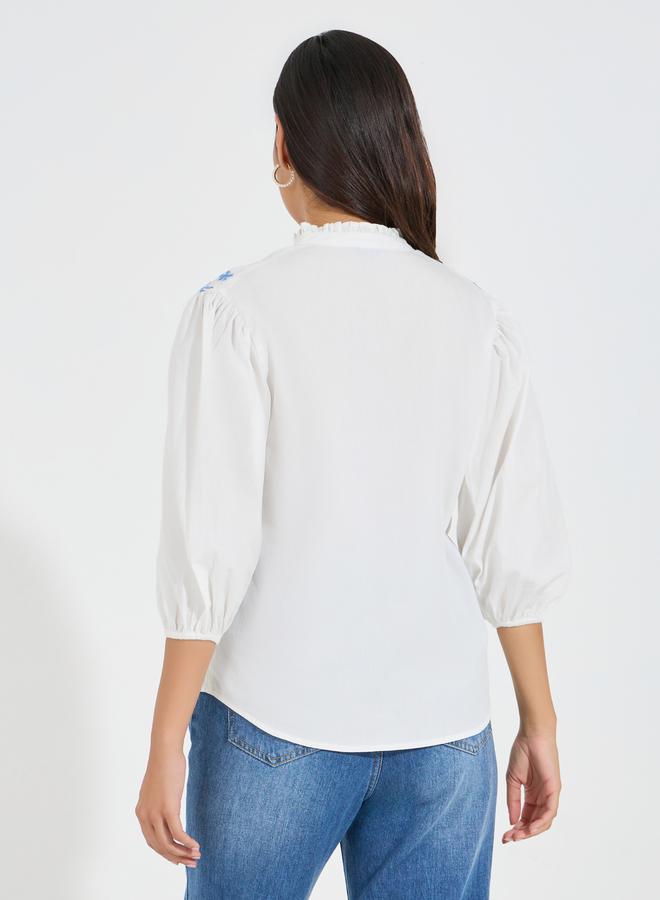 Styli Chambray Embroidered Buttoned Blouse with Balloon Sleeve - Image 4