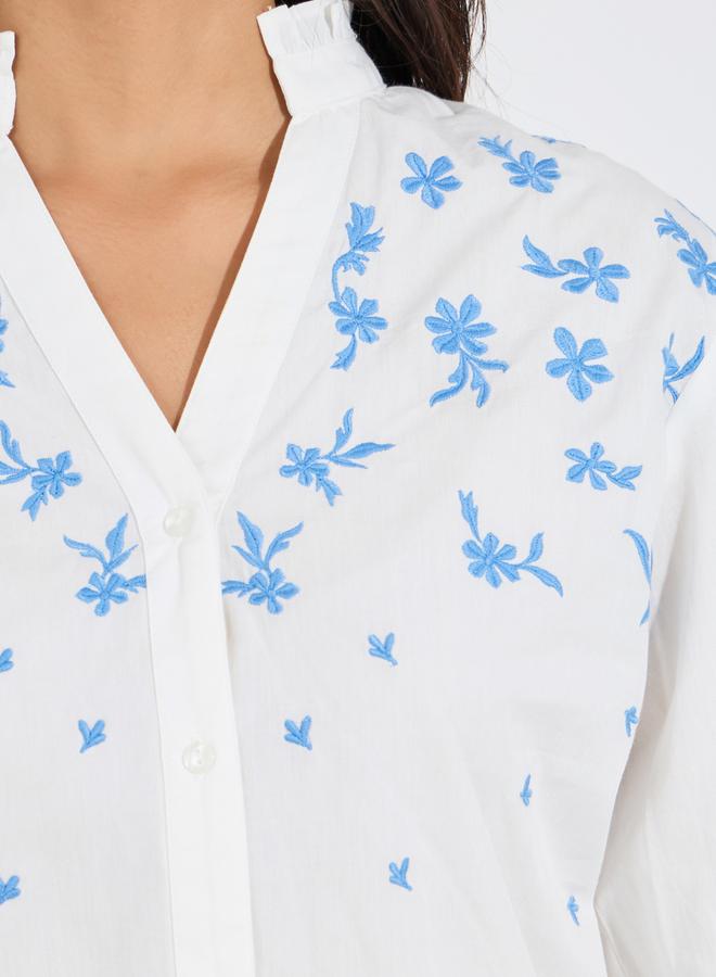 Styli Chambray Embroidered Buttoned Blouse with Balloon Sleeve - Image 3